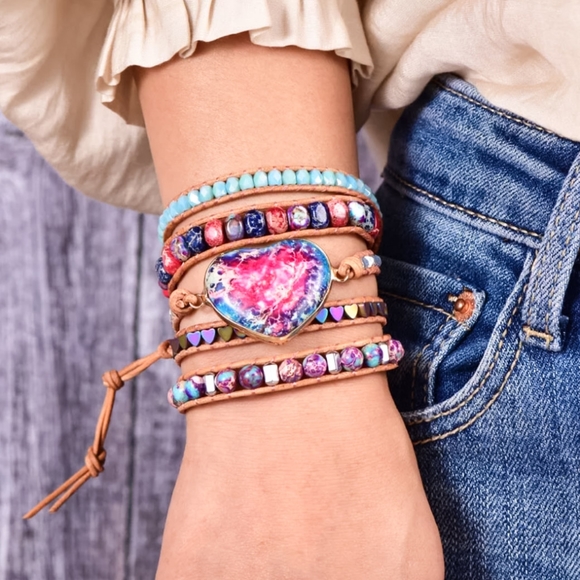 Jasper Gemstone Leather Wrap Beaded Bracelet | Handmade Beaded Wrap Bracelet - Picture 4 of 9